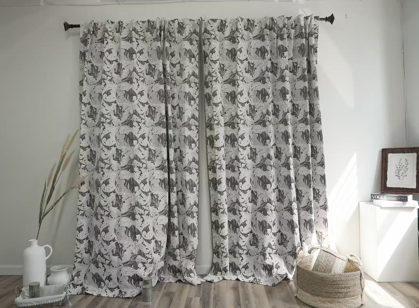 Charcoal Gray Large Floral Curtains - Moody Botanical Print Drapes