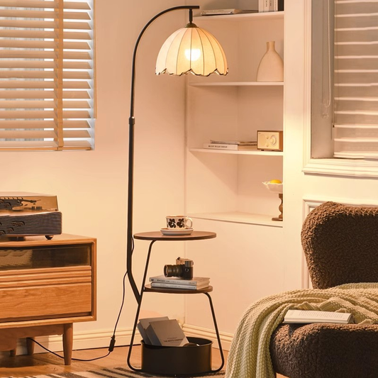 White Lotus Floor Lamp with Black Shelves – Vintage Boho Bedroom & Living Room Lighting Decor"
