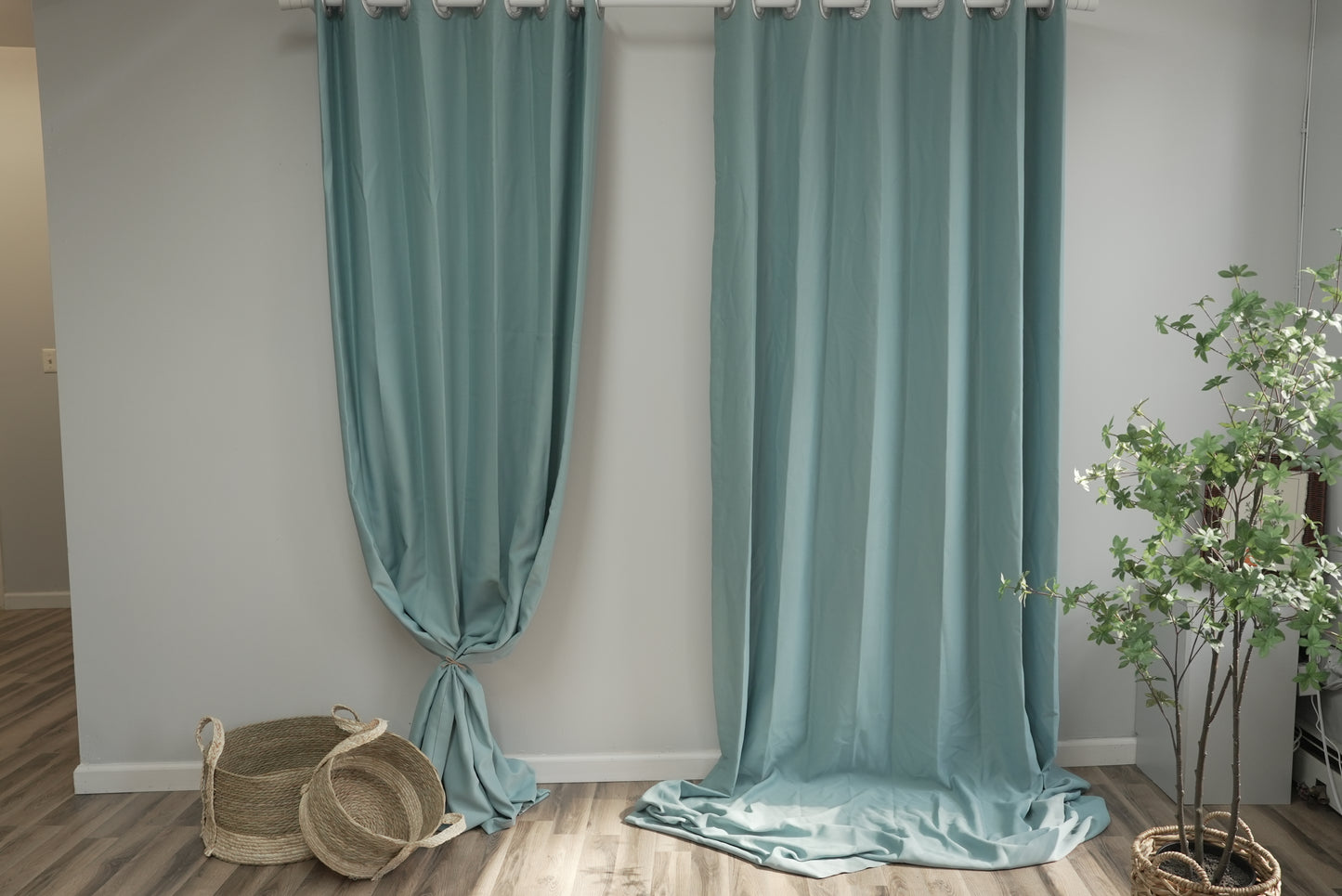 Linen-Look Blue Curtains - Polyester Fabric with Natural Texture