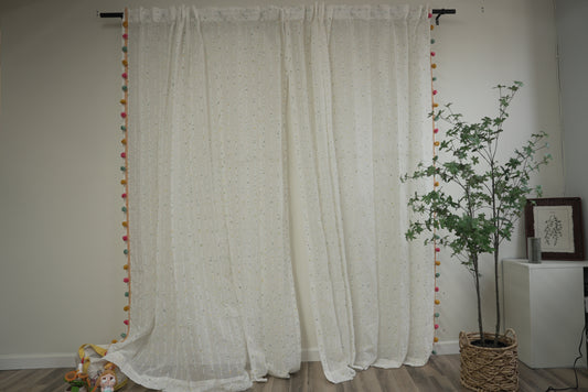 Rainbow Pom Pom Sheer Curtains with Green Candy Bead Trim – Whimsical Window Drapes