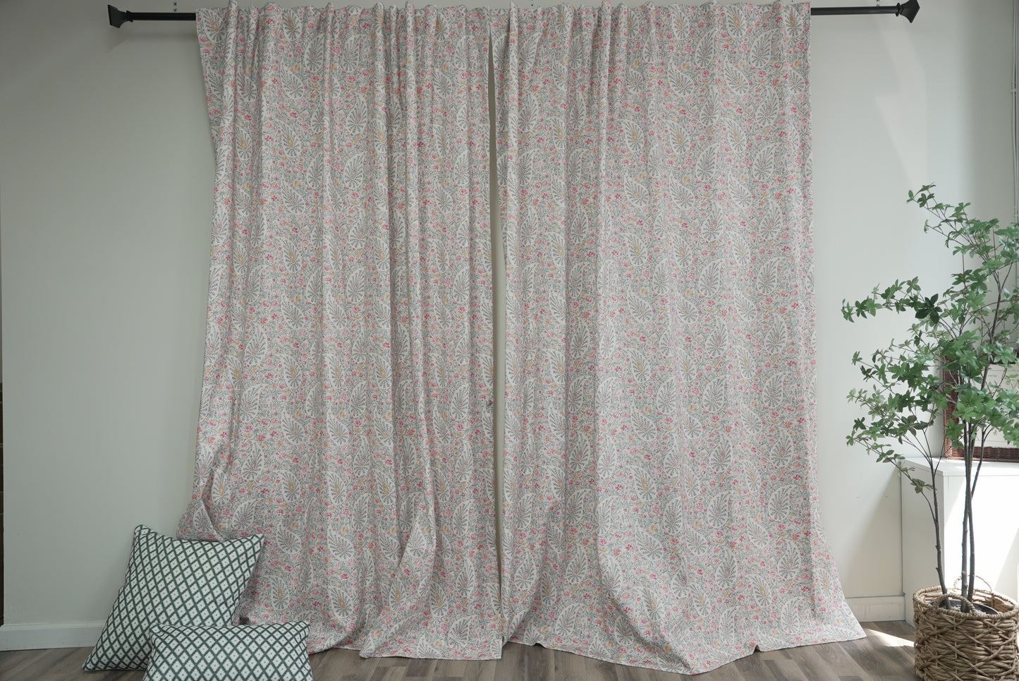 Blush Floral Print Curtains - 40% Cotton, Light Filtering & Breathable