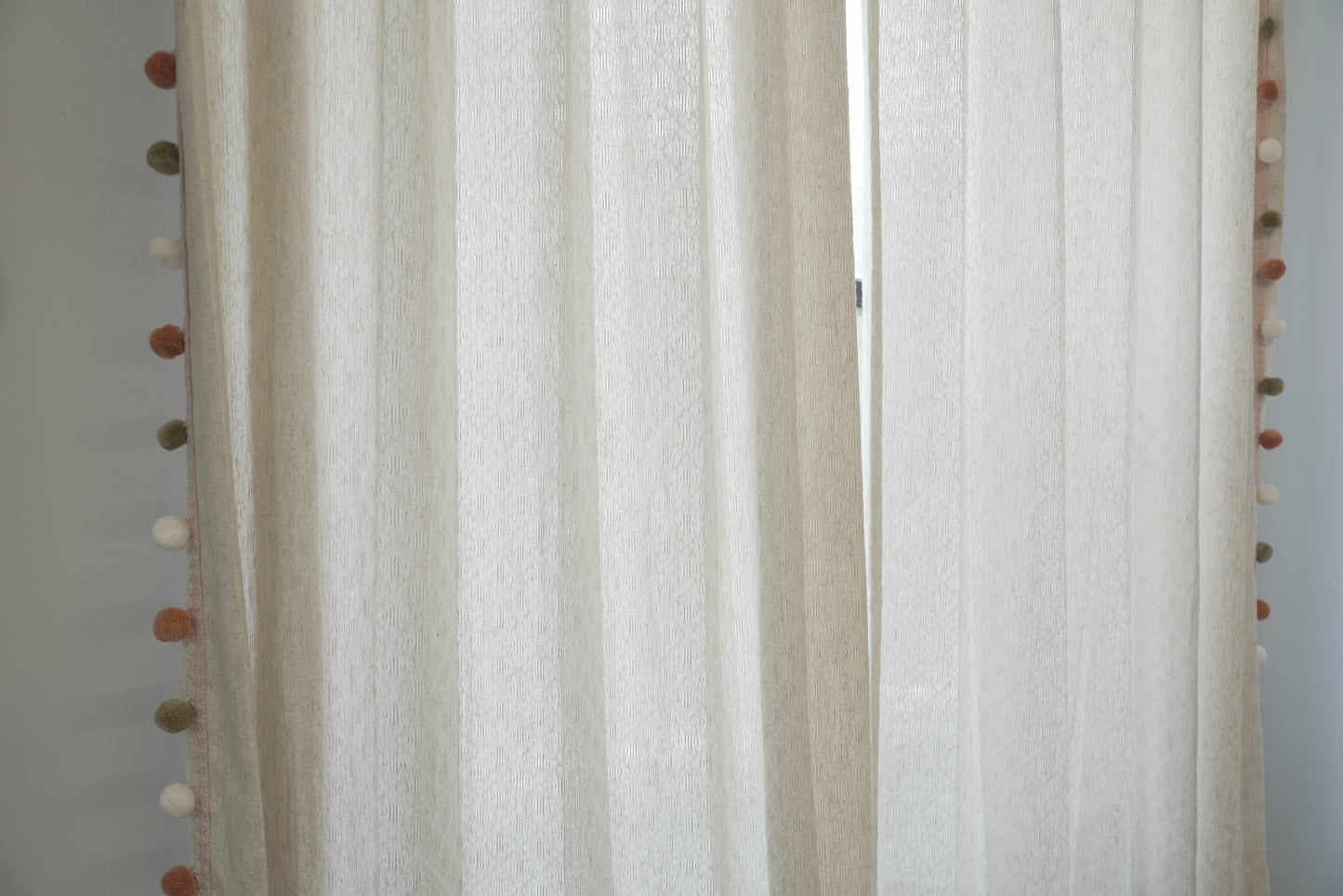 Beige Linen Sheer Curtains - Morandi Pom Pom Trim in White, Orange & Green