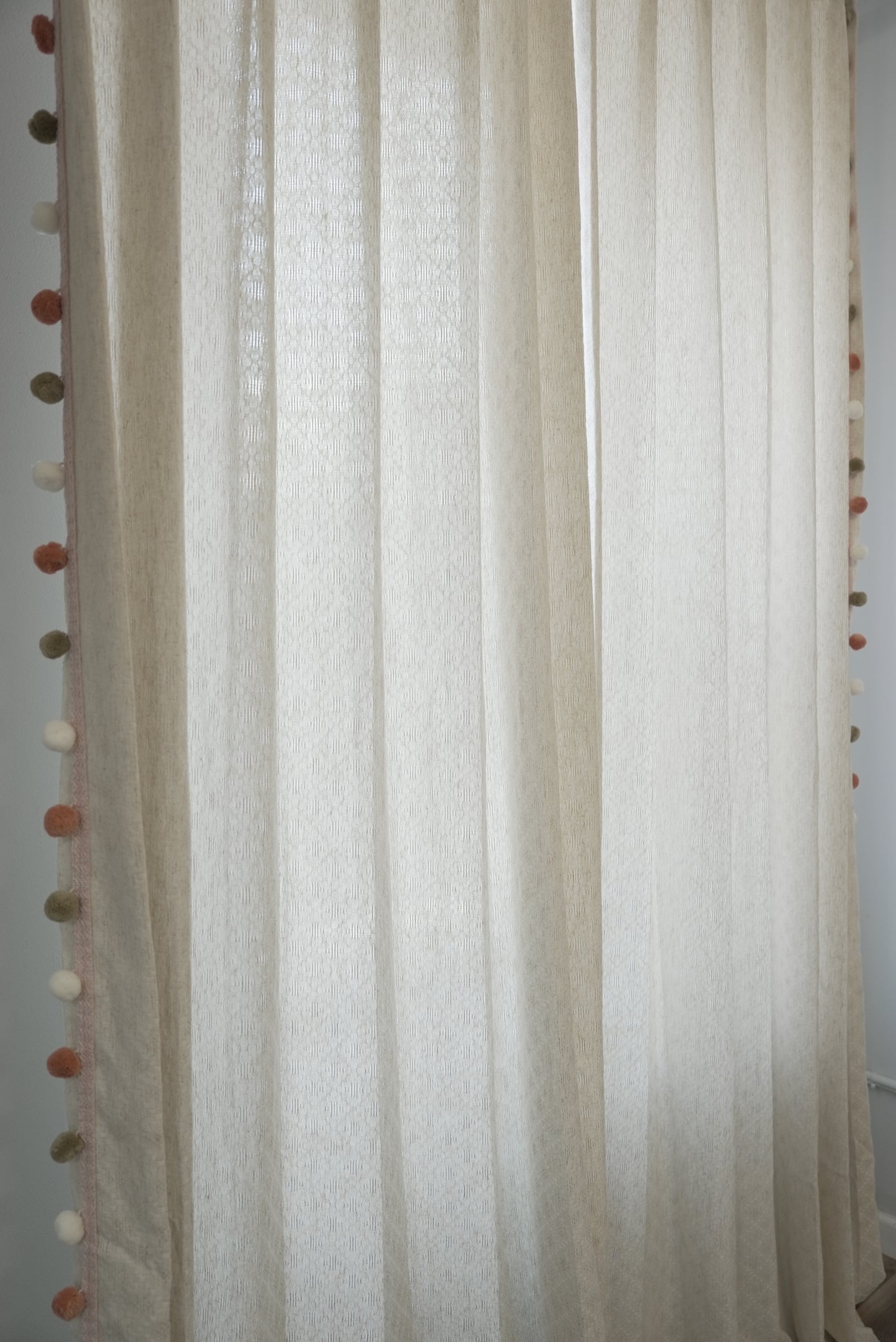 Beige Linen Sheer Curtains - Morandi Pom Pom Trim in White, Orange & Green