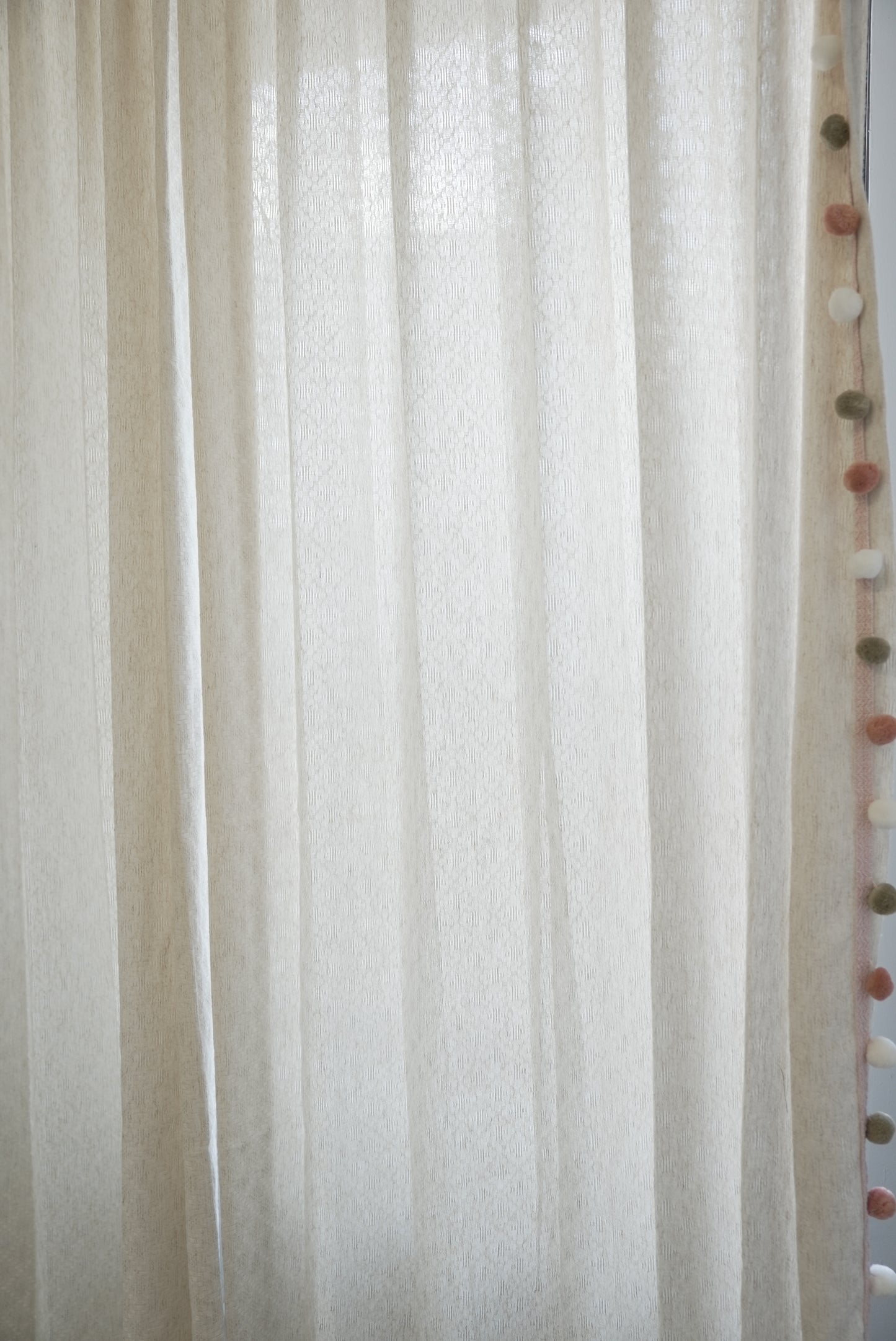 Beige Linen Sheer Curtains - Morandi Pom Pom Trim in White, Orange & Green