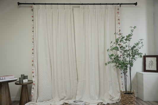 Beige Linen Sheer Curtains - Morandi Pom Pom Trim in White, Orange & Green