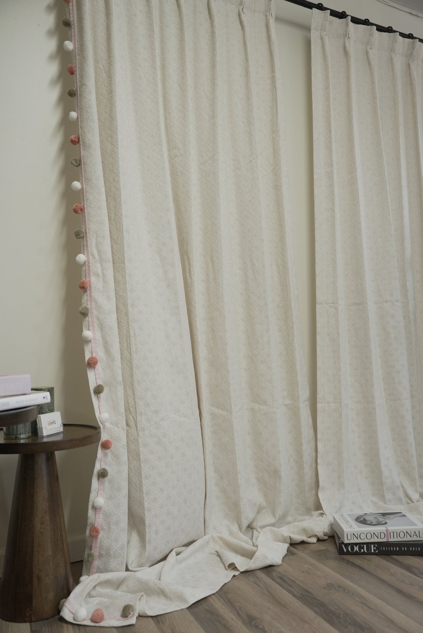 Beige Linen Sheer Curtains - Morandi Pom Pom Trim in White, Orange & Green