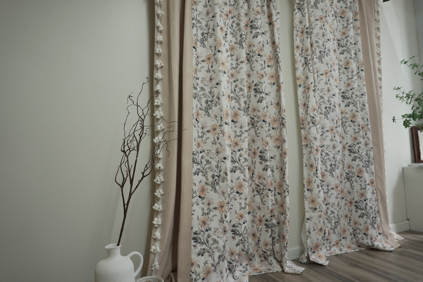 Peachy Bloom Pom Pom Curtains - Oversized Floral Patchwork with Playful Fringe