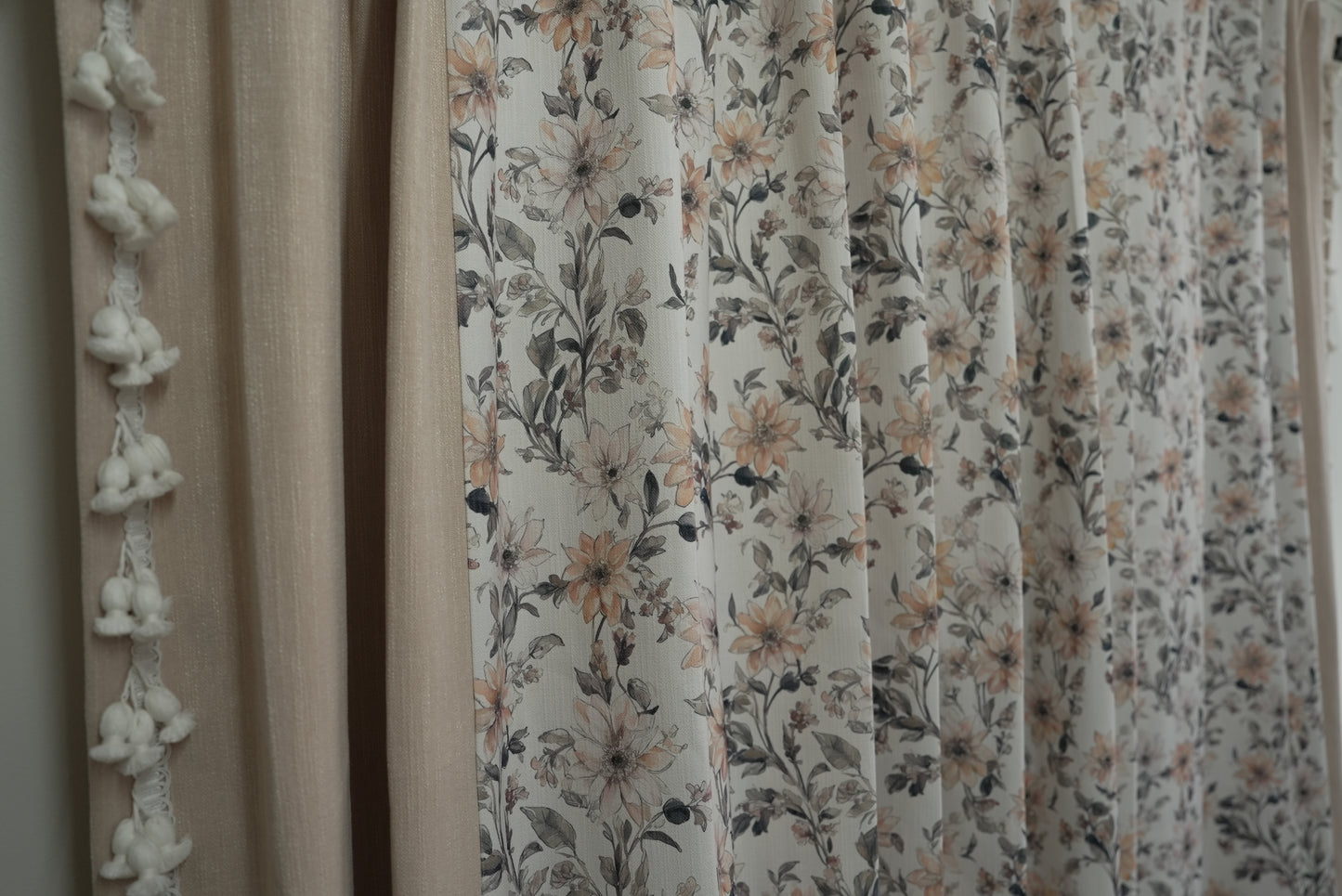 Peachy Bloom Pom Pom Curtains - Oversized Floral Patchwork with Playful Fringe