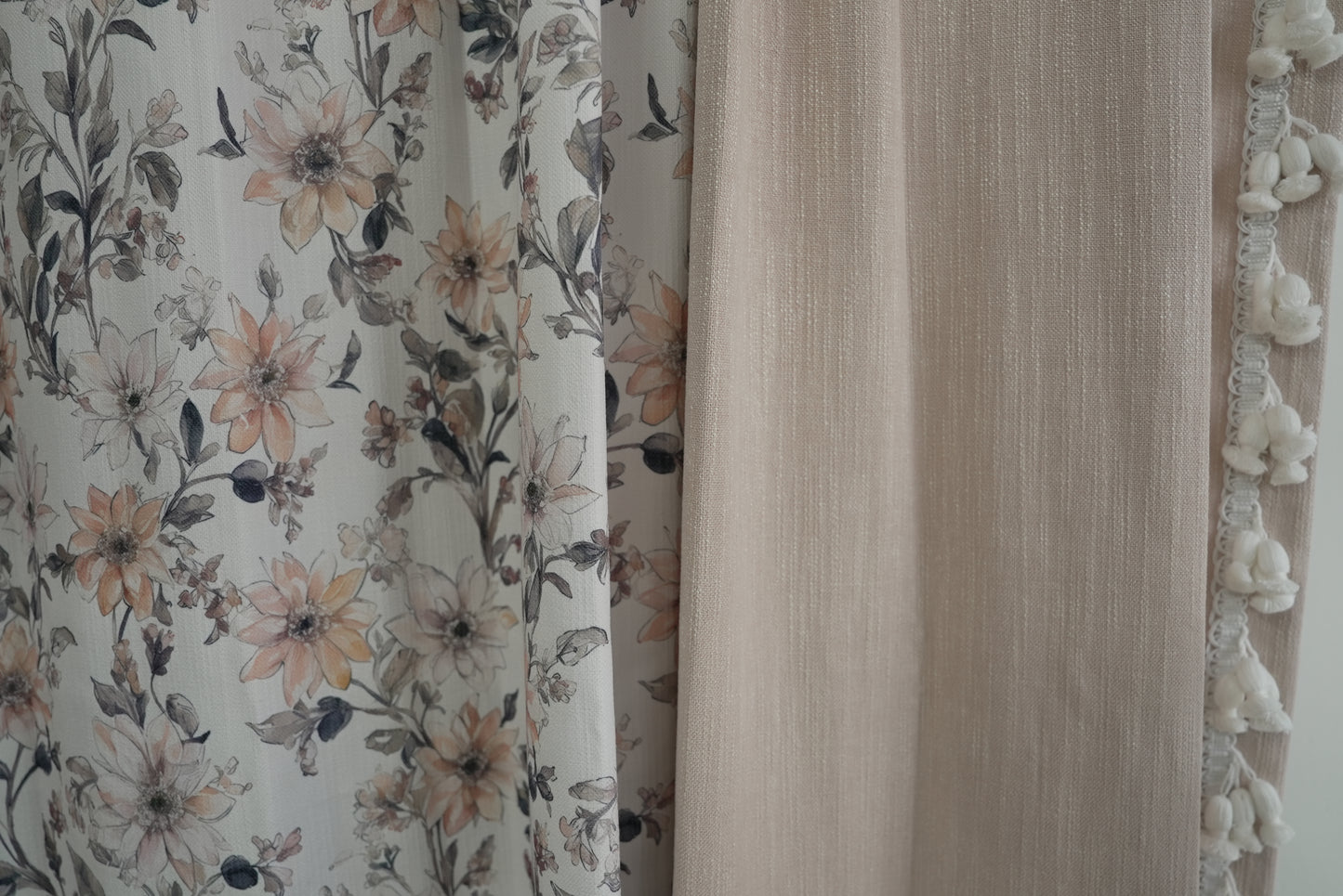 Peachy Bloom Pom Pom Curtains - Oversized Floral Patchwork with Playful Fringe