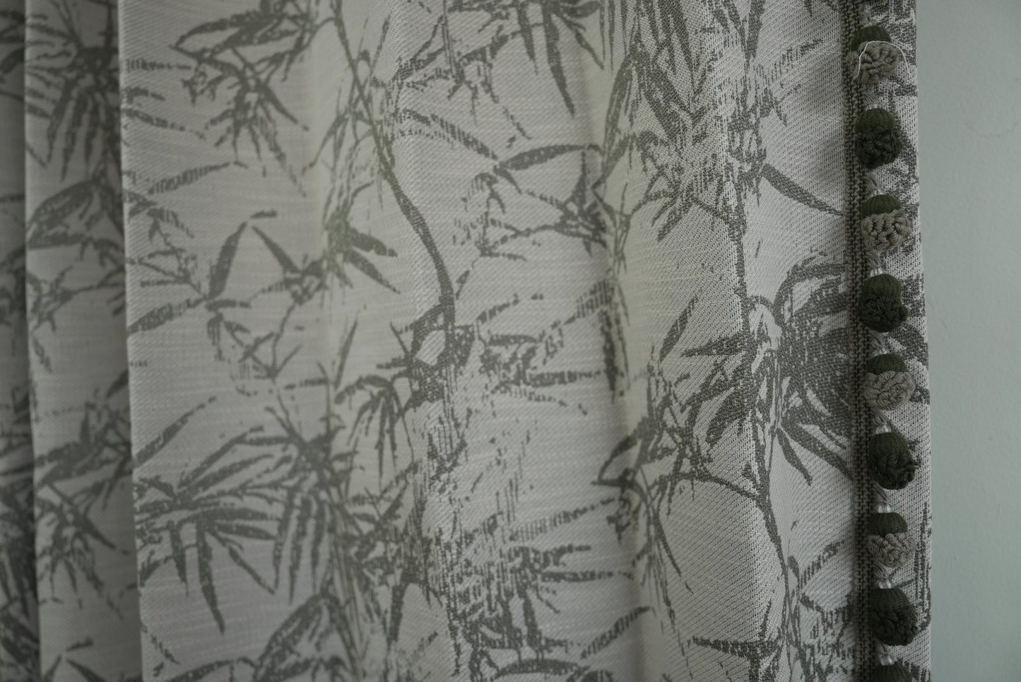 Green Retro Bamboo Pattern Curtains with Pom Pom Trim - Tropical Boho Drapes