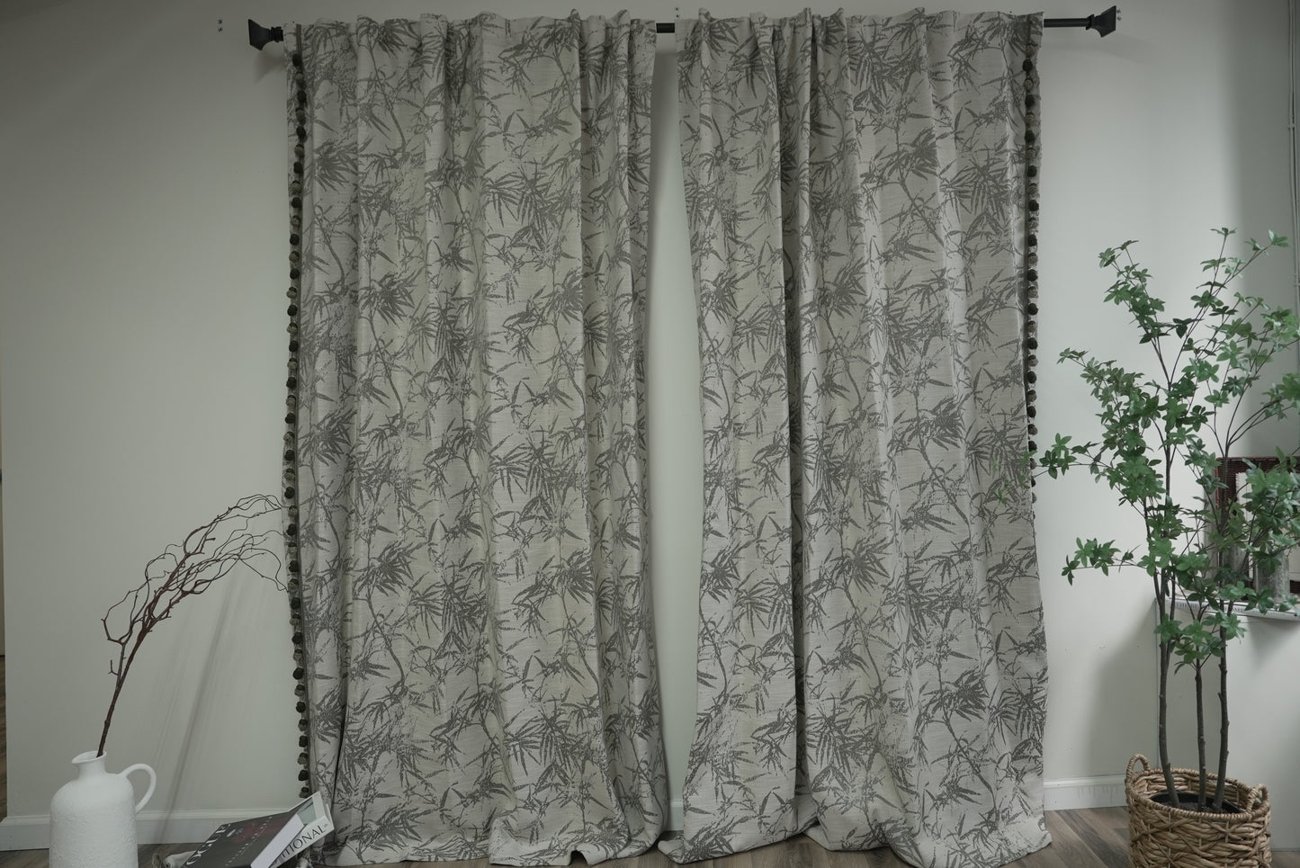 Green Retro Bamboo Pattern Curtains with Pom Pom Trim - Tropical Boho Drapes