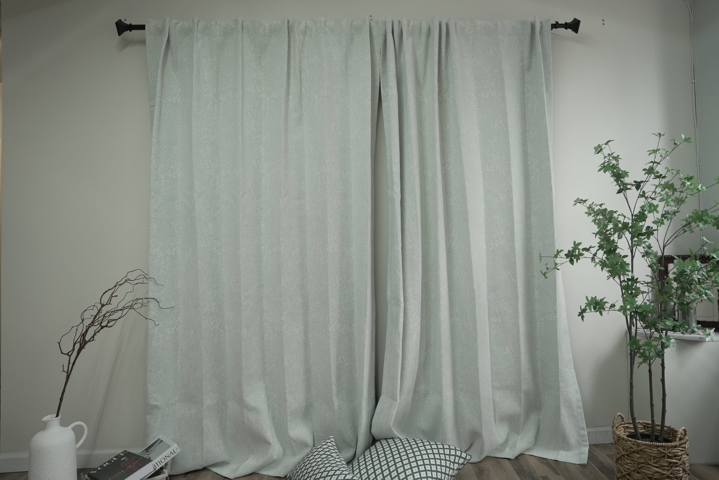Light Green Print Blackout Curtains - Botanical Pattern Room Darkening Drapes