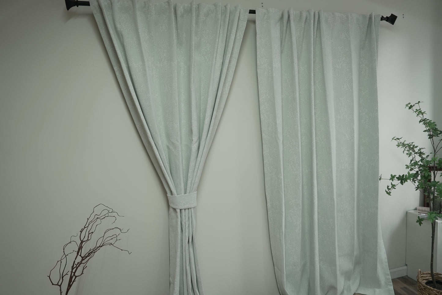 Light Green Print Blackout Curtains - Botanical Pattern Room Darkening Drapes