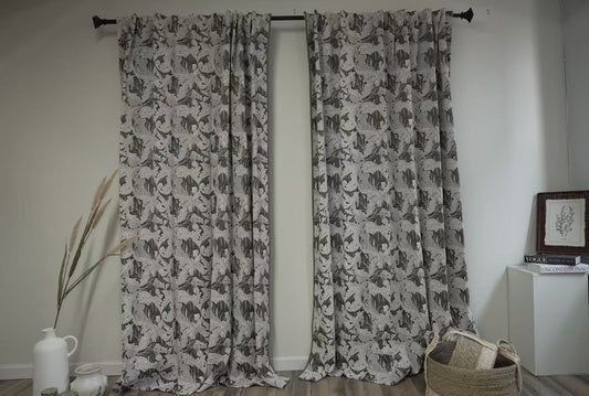 Charcoal Gray Large Floral Curtains - Moody Botanical Print Drapes