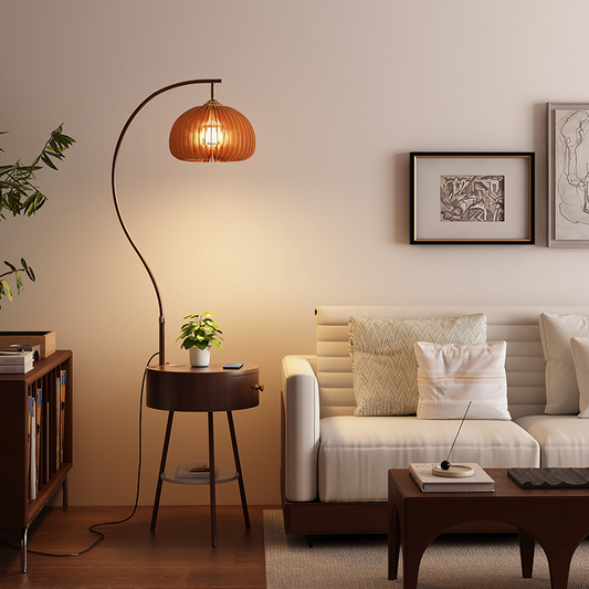 Walnut Vintage Floor Lamp with Shelves - Mid-Century Industrial Lighting Decor