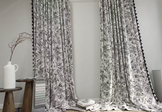 Vintage Black White Floral Curtains - Black Pom Pom Trim Blackout Drapes - Damask Print Thermal Lined - Boho Gothic Home Decor