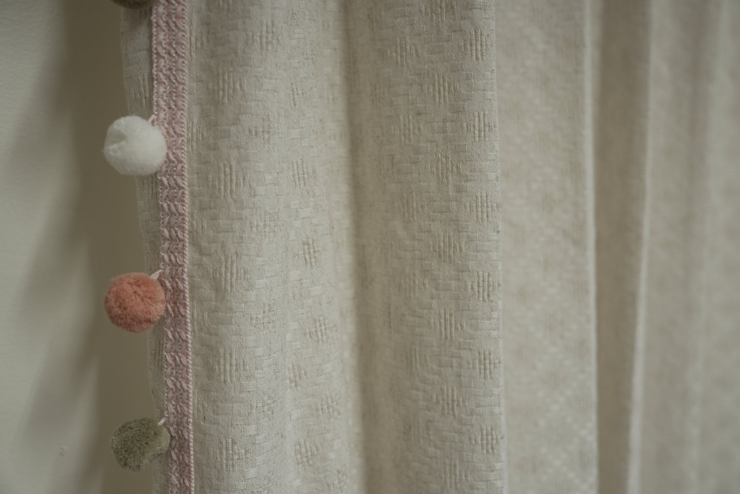 Beige Linen Sheer Curtains - Morandi Pom Pom Trim in White, Orange & Green