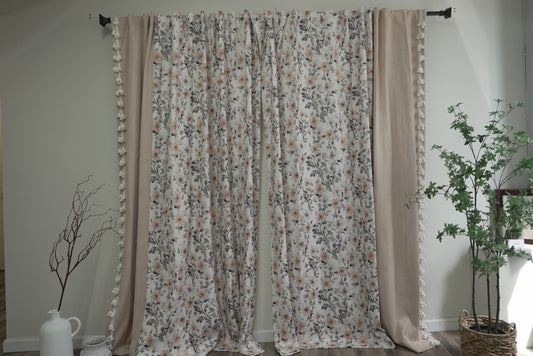 Peachy Bloom Pom Pom Curtains - Oversized Floral Patchwork with Playful Fringe