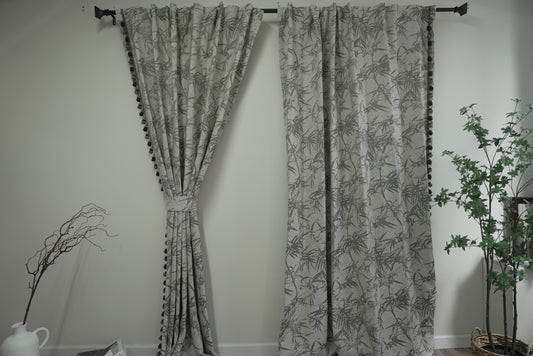 Green Retro Bamboo Pattern Curtains with Pom Pom Trim - Tropical Boho Drapes