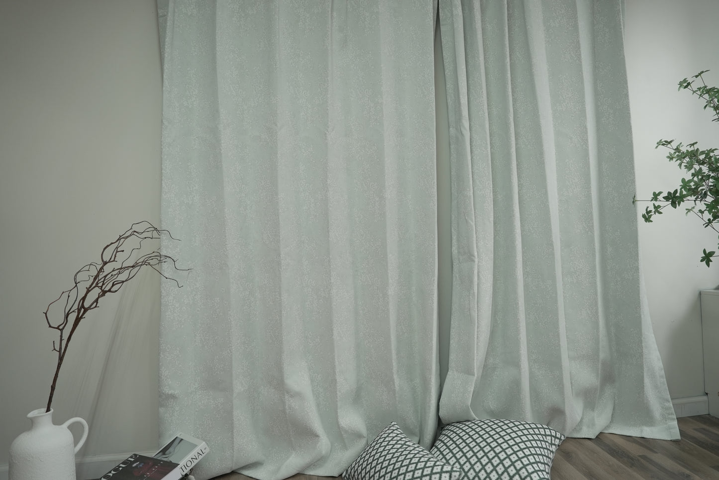 Light Green Print Blackout Curtains - Botanical Pattern Room Darkening Drapes